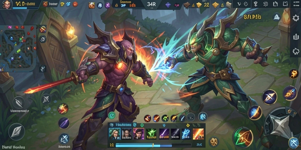 Screenshot gameplay yang menunjukkan aksi seru dalam pertempuran MOBA.