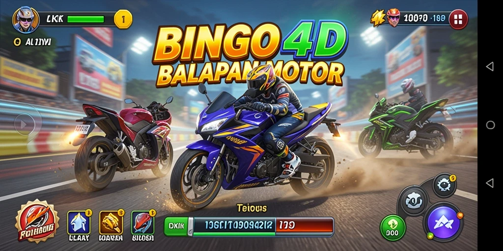 Tampilan gameplay BINGO4D yang mendebarkan dengan balapan motor.