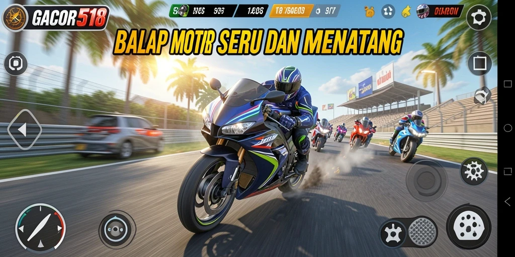 Screenshot gameplay GACOR518 menampilkan balapan motor yang seru di lintasan malam.