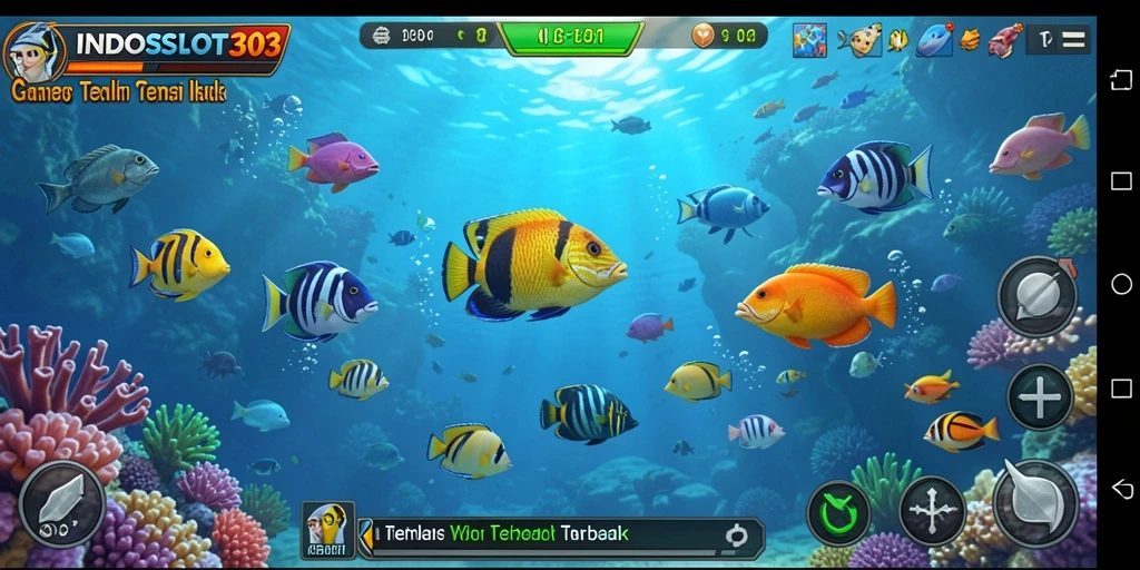 Screenshot gameplay mendebarkan dari INDOSLOT303 dengan banyak ikan.
