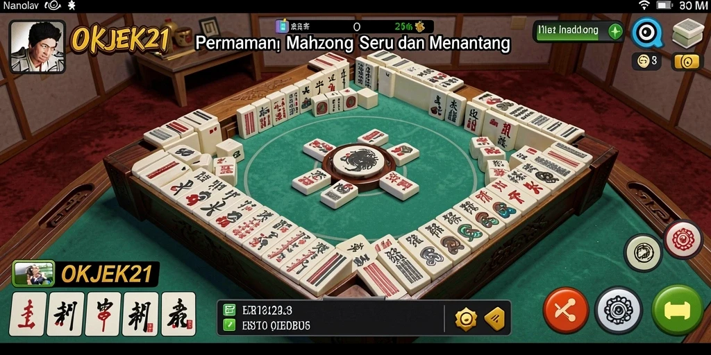 Screenshot gameplay OKJEK21 menampilkan suasana permainan Mahjong yang menarik.