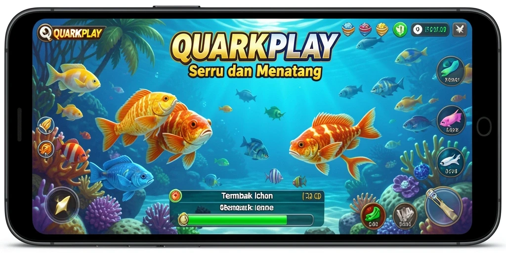 Tampilan gameplay QUARKPLAY menunjukkan aksi menembak ikan yang seru.