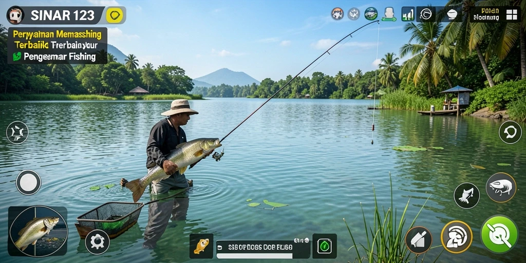Screenshot gameplay SINAR123 dengan aksi memancing yang seru dan lokasi yang menawan.