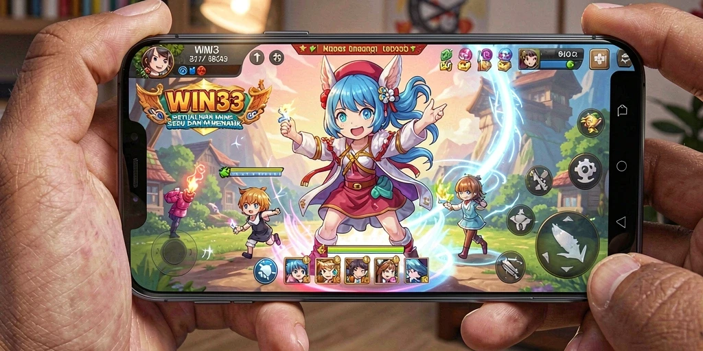 Tangkapan layar utama dari gameplay seru WIN33, menampilkan karakter Anime dalam aksi.